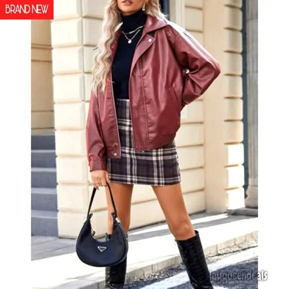 Oversized Faux Leather Motorcycle Jacket, Women's Plus Size Bomber Coat